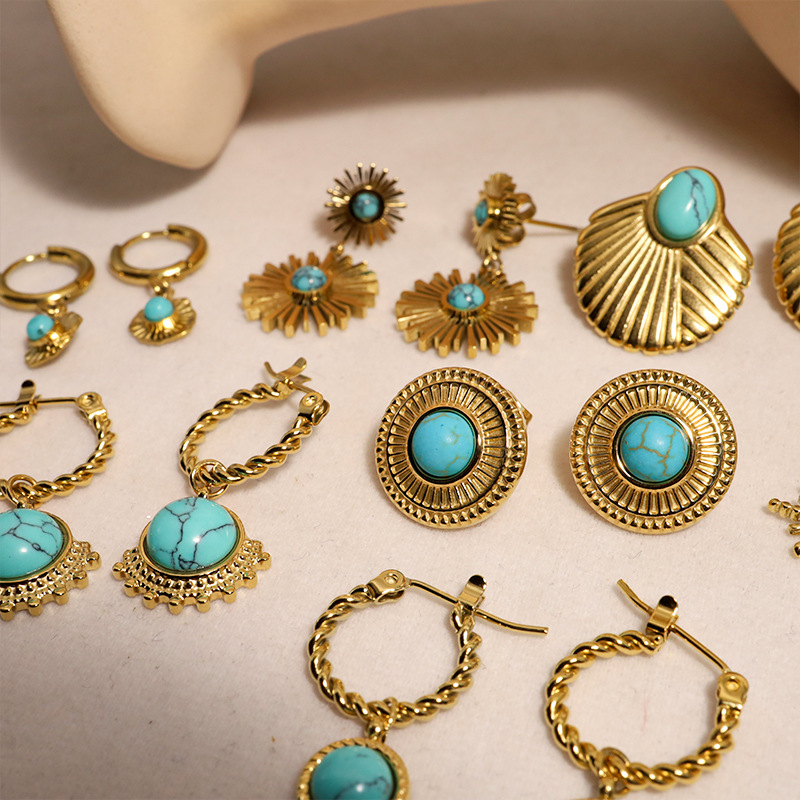 Waterproof Non Tarnish Printing Drop Earrings For Women In 18K Gold PVD Coated 304 Stainless Steel With Turquoise Inlay 6