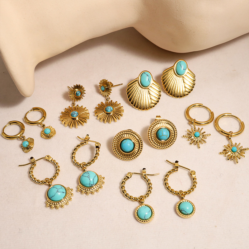 Waterproof Non Tarnish Printing Drop Earrings For Women In 18K Gold PVD Coated 304 Stainless Steel With Turquoise Inlay 7