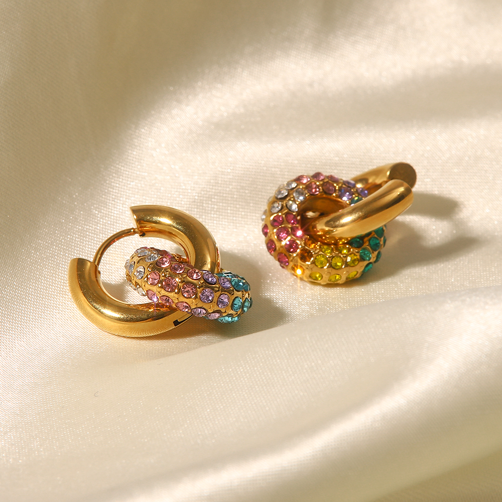 Geometric Inlay Drop Earrings For Women, 304 Stainless Steel With 18K Gold Plated PVD Coating And Rhinestone Accents 2