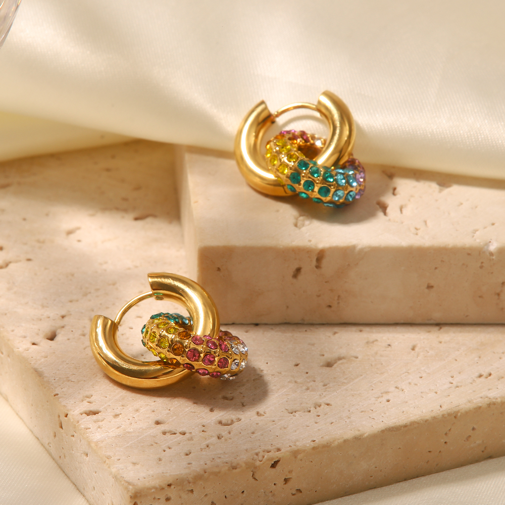 Geometric Inlay Drop Earrings For Women, 304 Stainless Steel With 18K Gold Plated PVD Coating And Rhinestone Accents 3