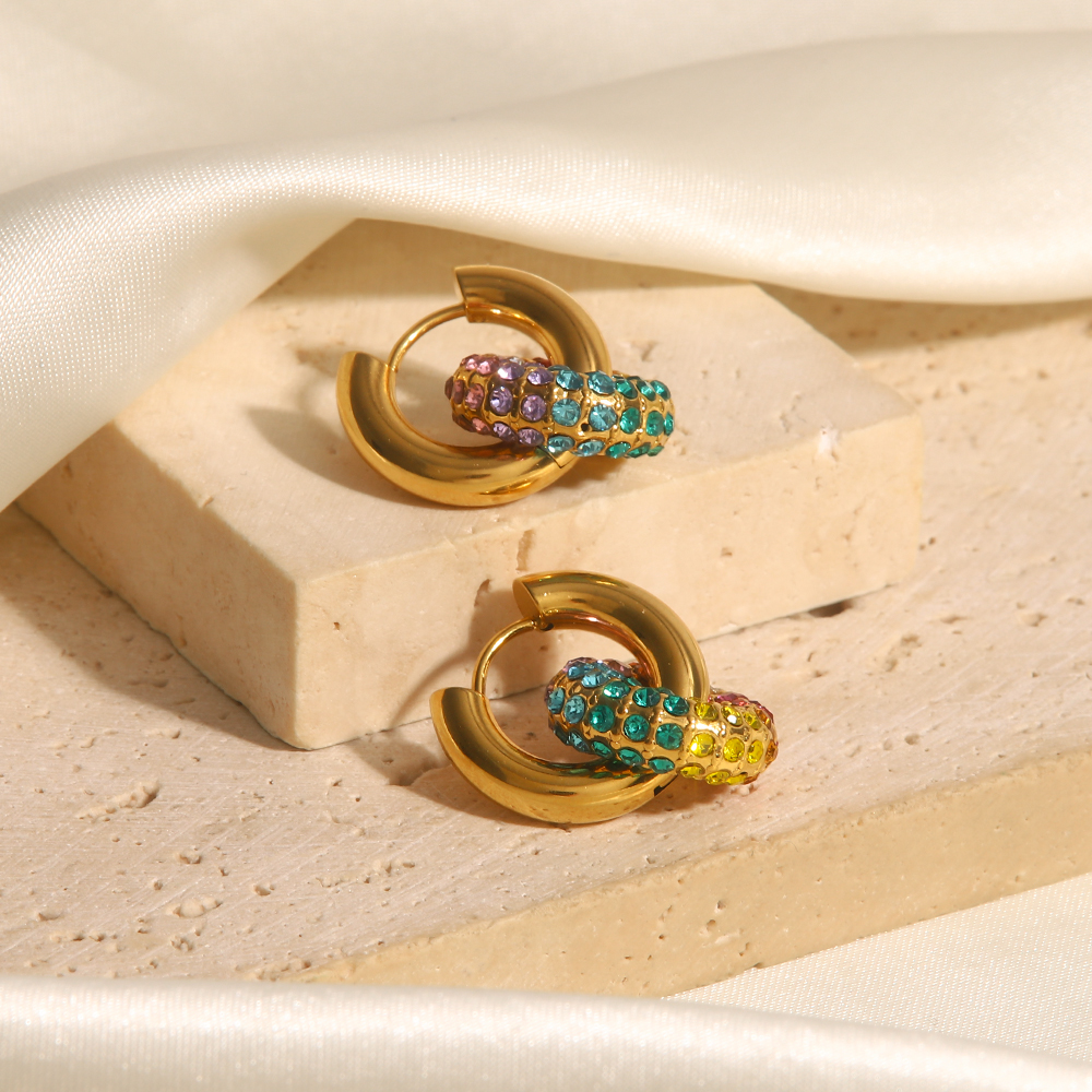 Geometric Inlay Drop Earrings For Women, 304 Stainless Steel With 18K Gold Plated PVD Coating And Rhinestone Accents 4