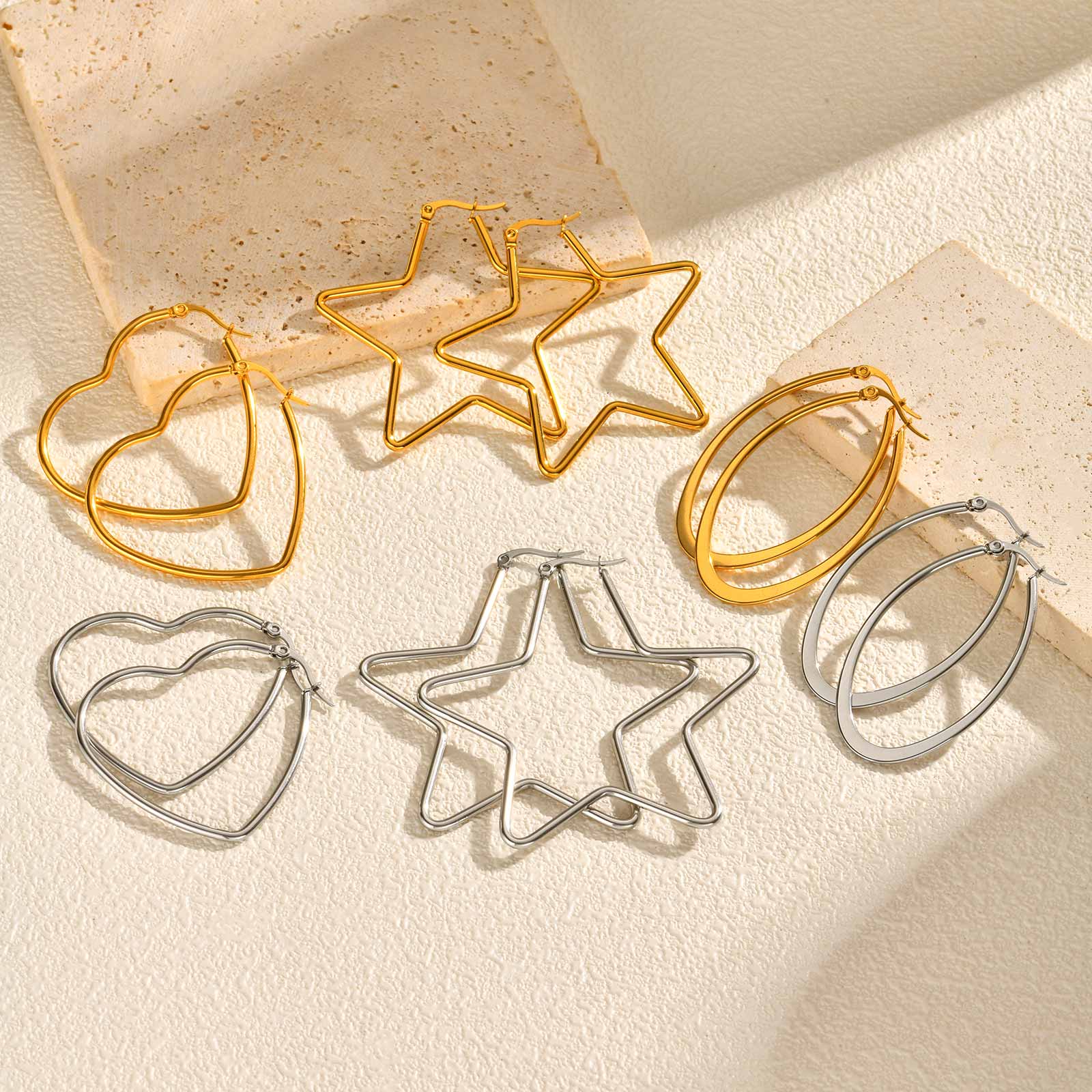 Geometric Hoop Earrings For Women In Simple Style, Waterproof Non Tarnish 201 Stainless Steel With 18K Real Gold Plated Finish