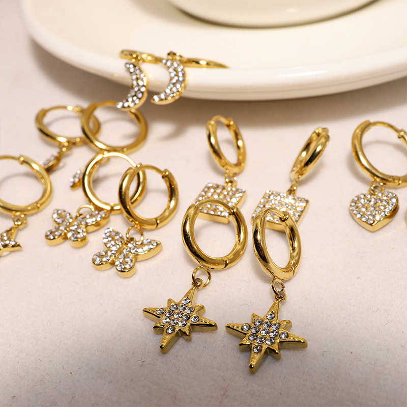 Waterproof Non Tarnish Printing Drop Earrings For Women, 18K Gold PVD Coated 304 Stainless Steel With Rhinestones 3