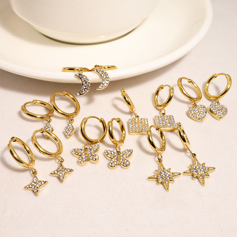Waterproof Non Tarnish Printing Drop Earrings For Women, 18K Gold PVD Coated 304 Stainless Steel With Rhinestones 6