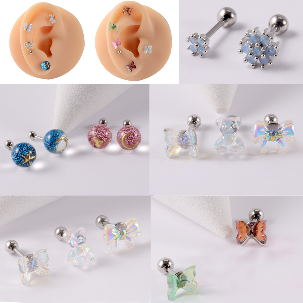 Simple Style Moon Butterfly Earrings For Women With 304 Stainless Steel Studs And Artificial Diamond Inlay