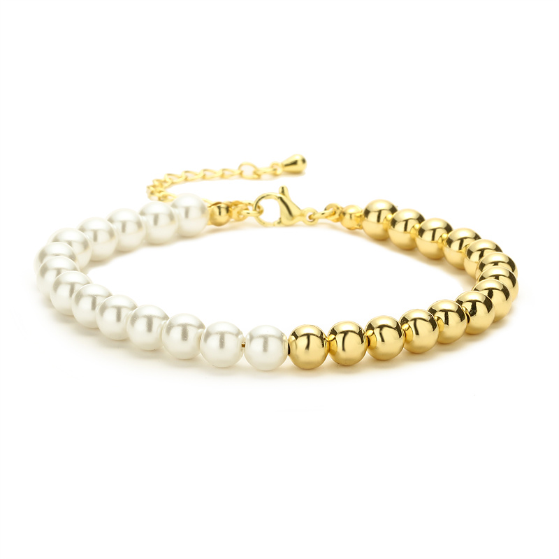 Geometric Copper Bracelet For Women With Beading Design And Gold Plated Finish Featuring Zircon Inlay 4