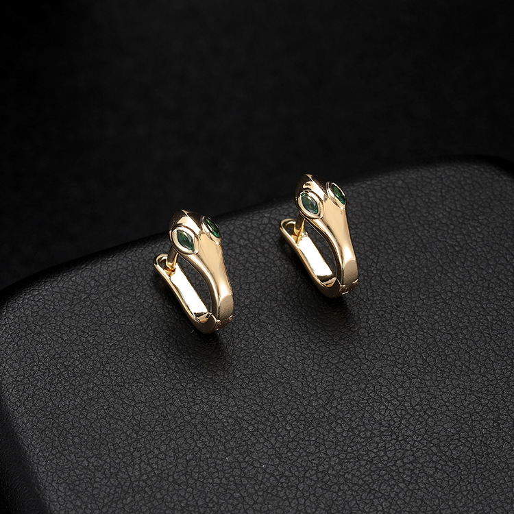 Snake Pattern Copper Earrings For Women With Electroplated Gold Plating And Gem Inlay 3