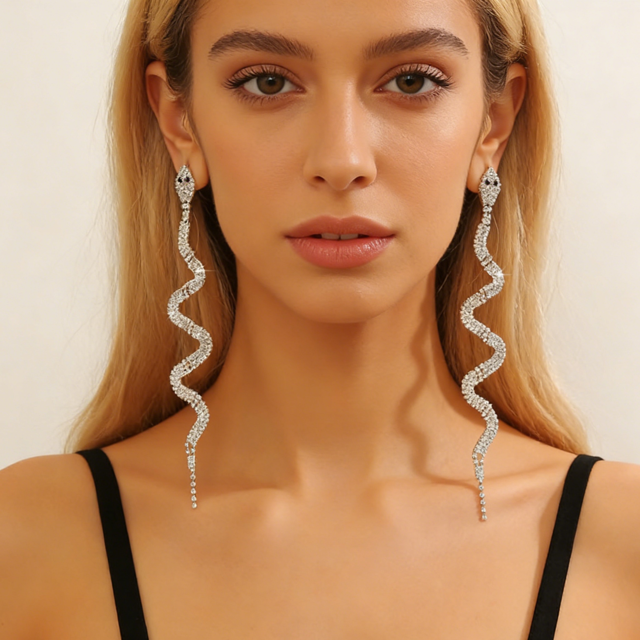 Snake Pattern Drop Earrings For Women, Electroplated Silver Plated Copper With Rhinestones And 0.03-0.05µm Plating
