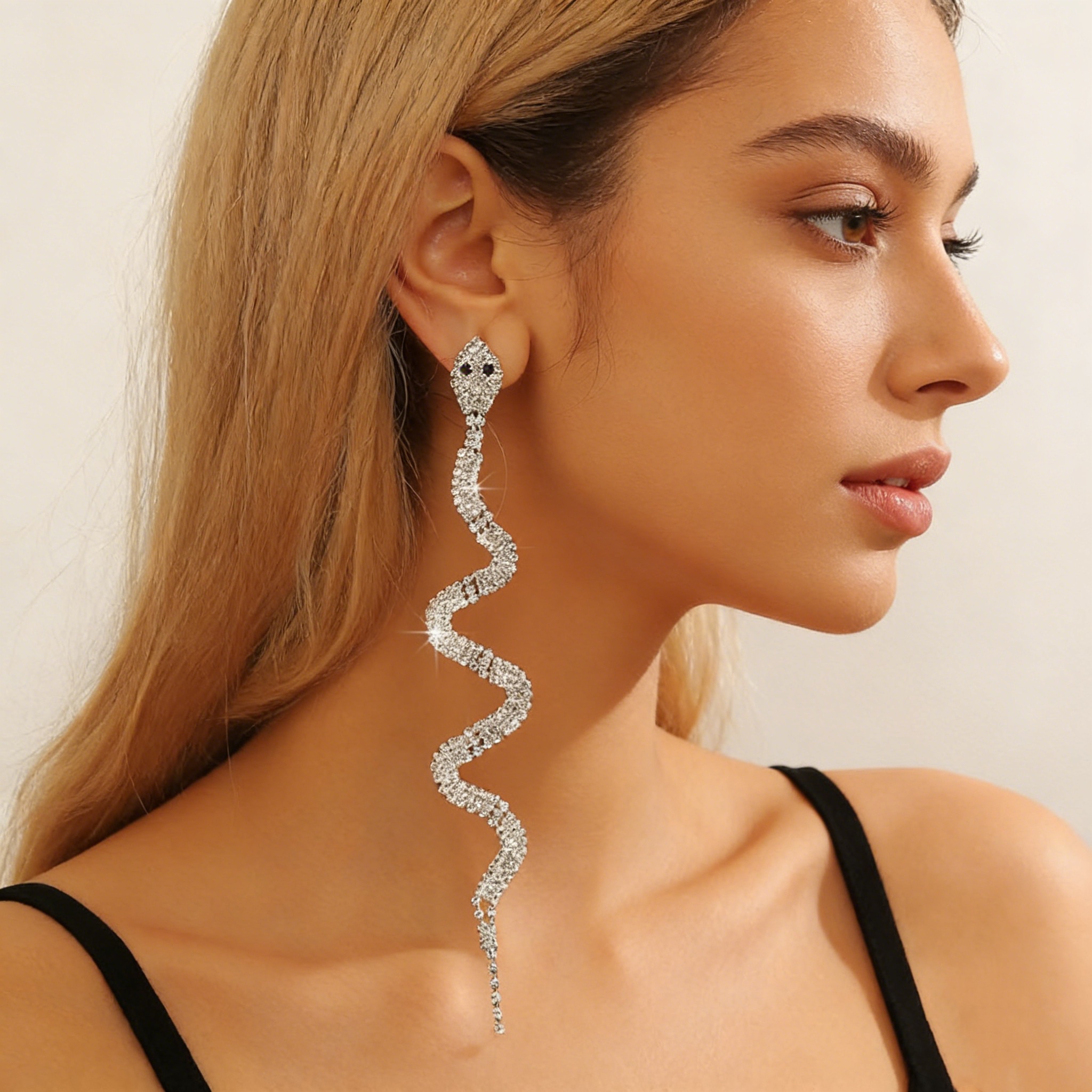 Snake Pattern Drop Earrings For Women, Electroplated Silver Plated Copper With Rhinestones And 0.03-0.05µm Plating 3