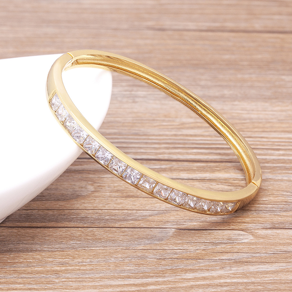 Square Copper Bangle With 18K Real Gold Plated Electroplated Finish Featuring Rhinestone Inlay