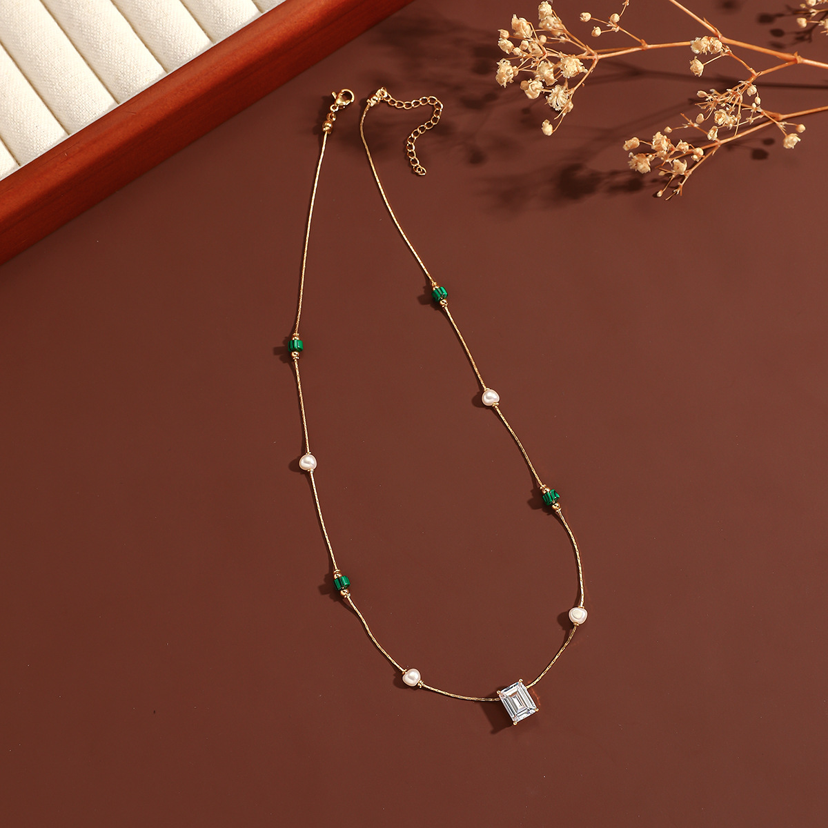 Square Copper Pendant Necklace For Women With Real Gold Plated Finish And Zircon Inlay, Featuring Precision Cutting Craft 4