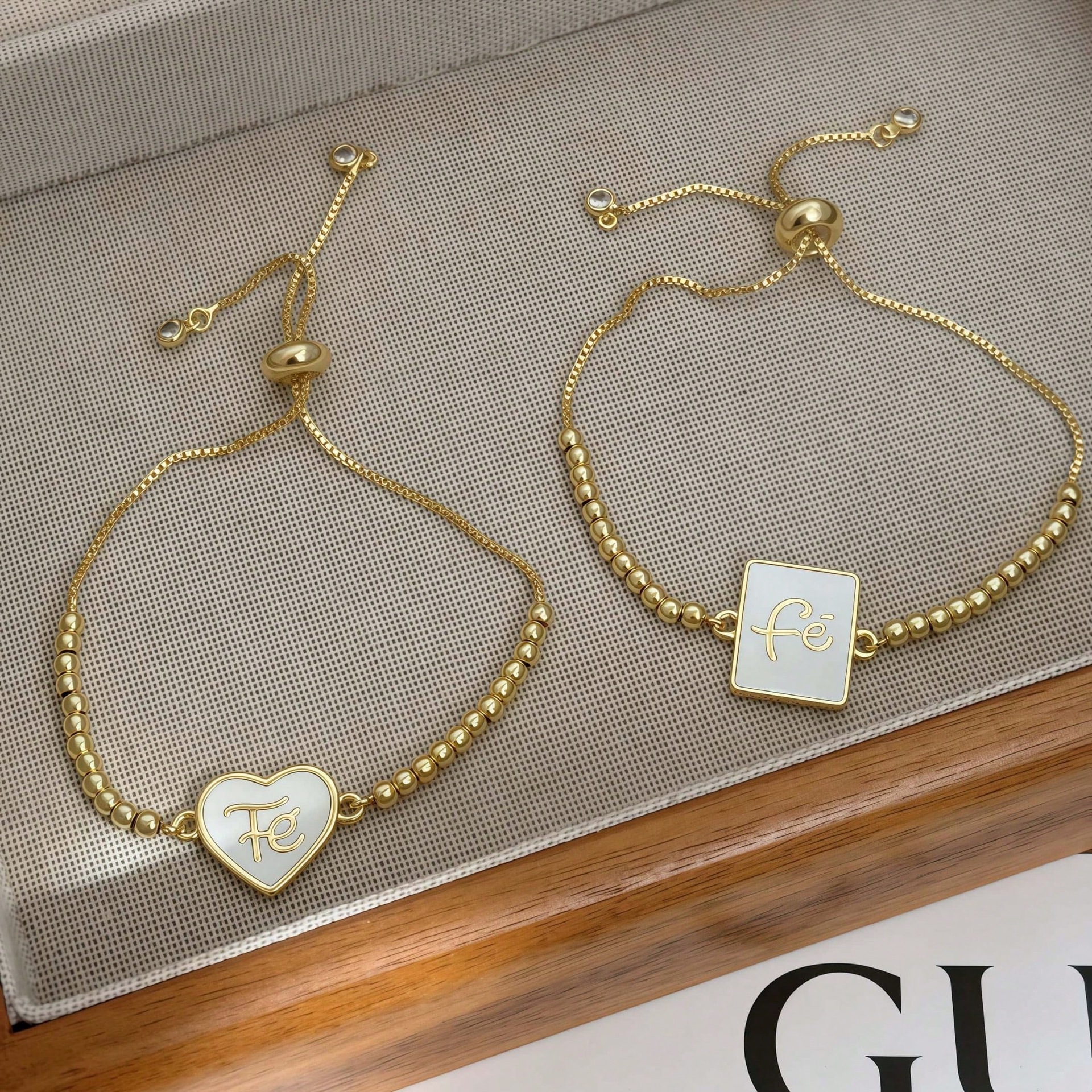Square Enamel Bracelets For Women With Beaded Chain, Copper Material And 18K Real Gold Water Plating