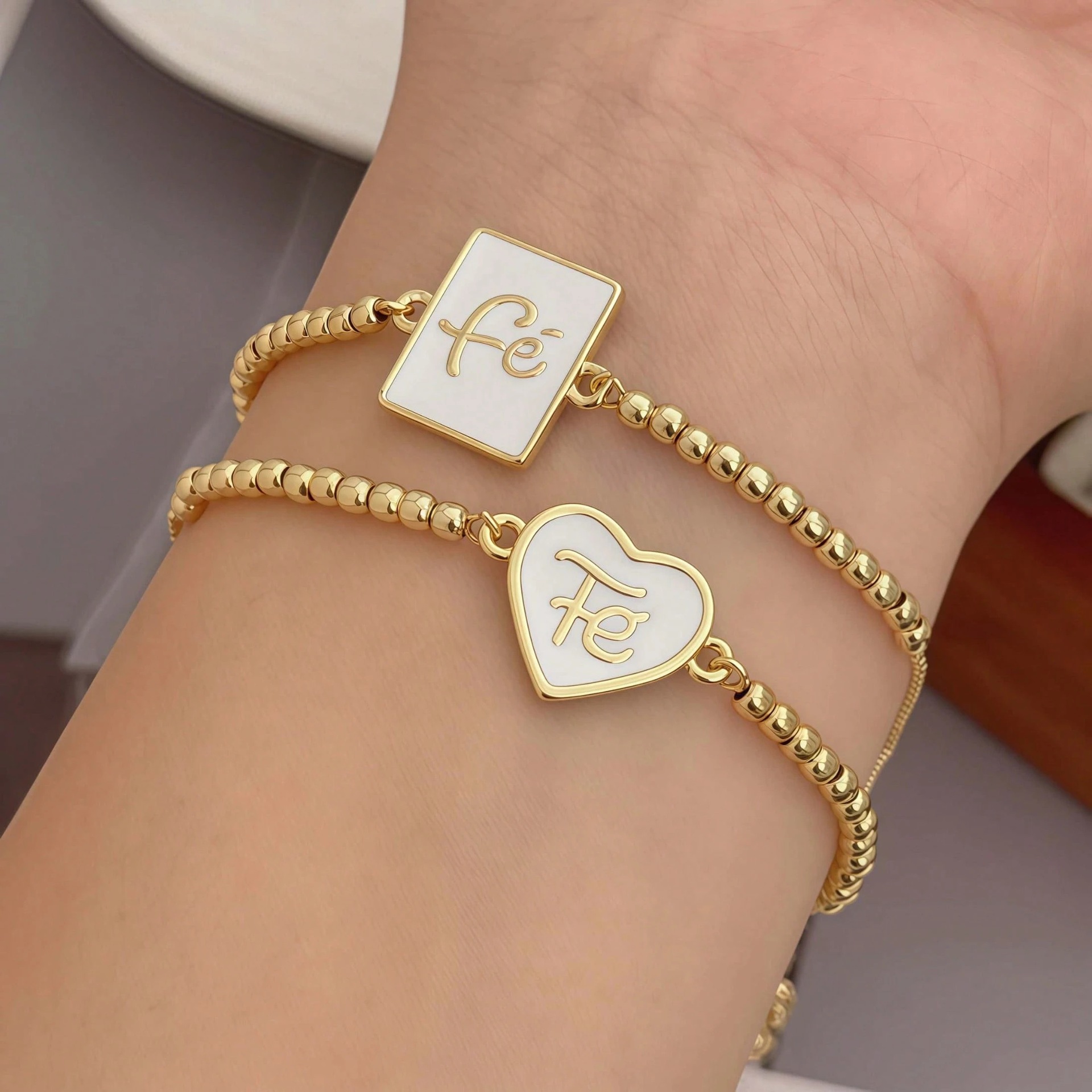 Square Enamel Bracelets For Women With Beaded Chain, Copper Material And 18K Real Gold Water Plating 2