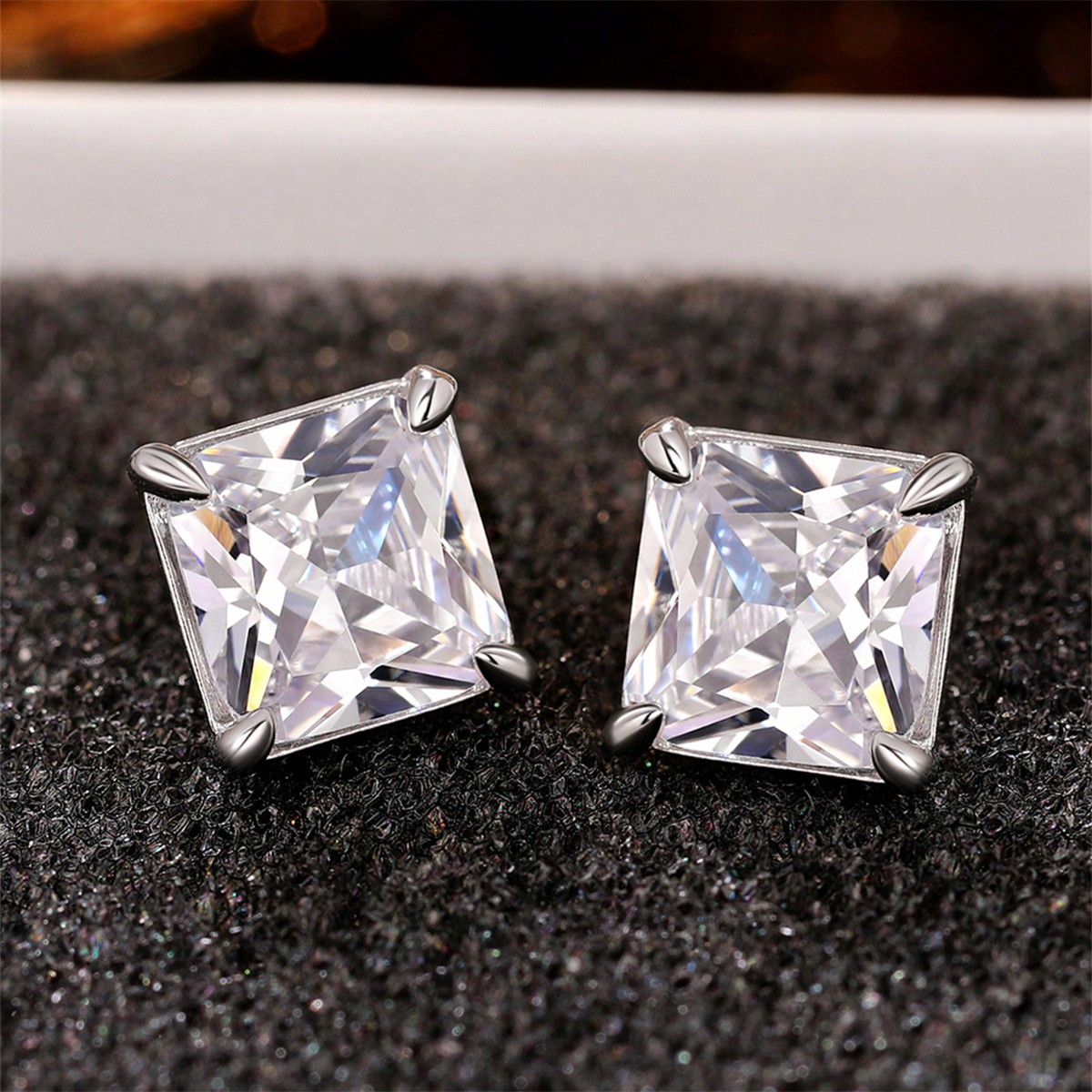 Square Stud Earrings For Women With Claw Setting, White K Plated Copper, Water Plating, And Zircon Inlay