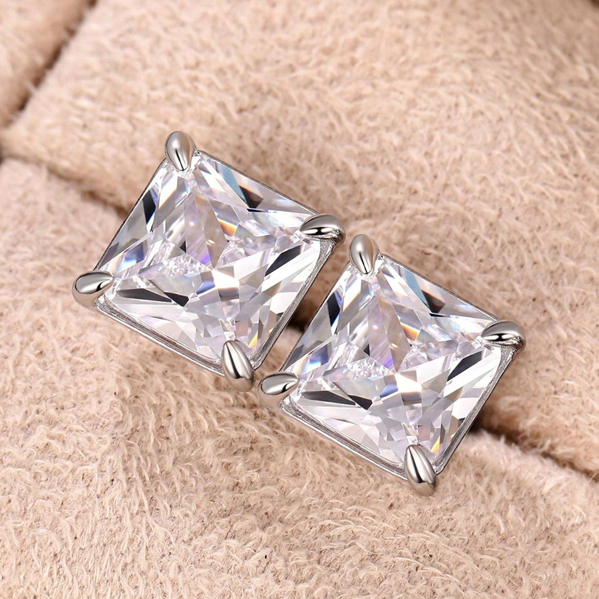 Square Stud Earrings For Women With Claw Setting, White K Plated Copper, Water Plating, And Zircon Inlay 2