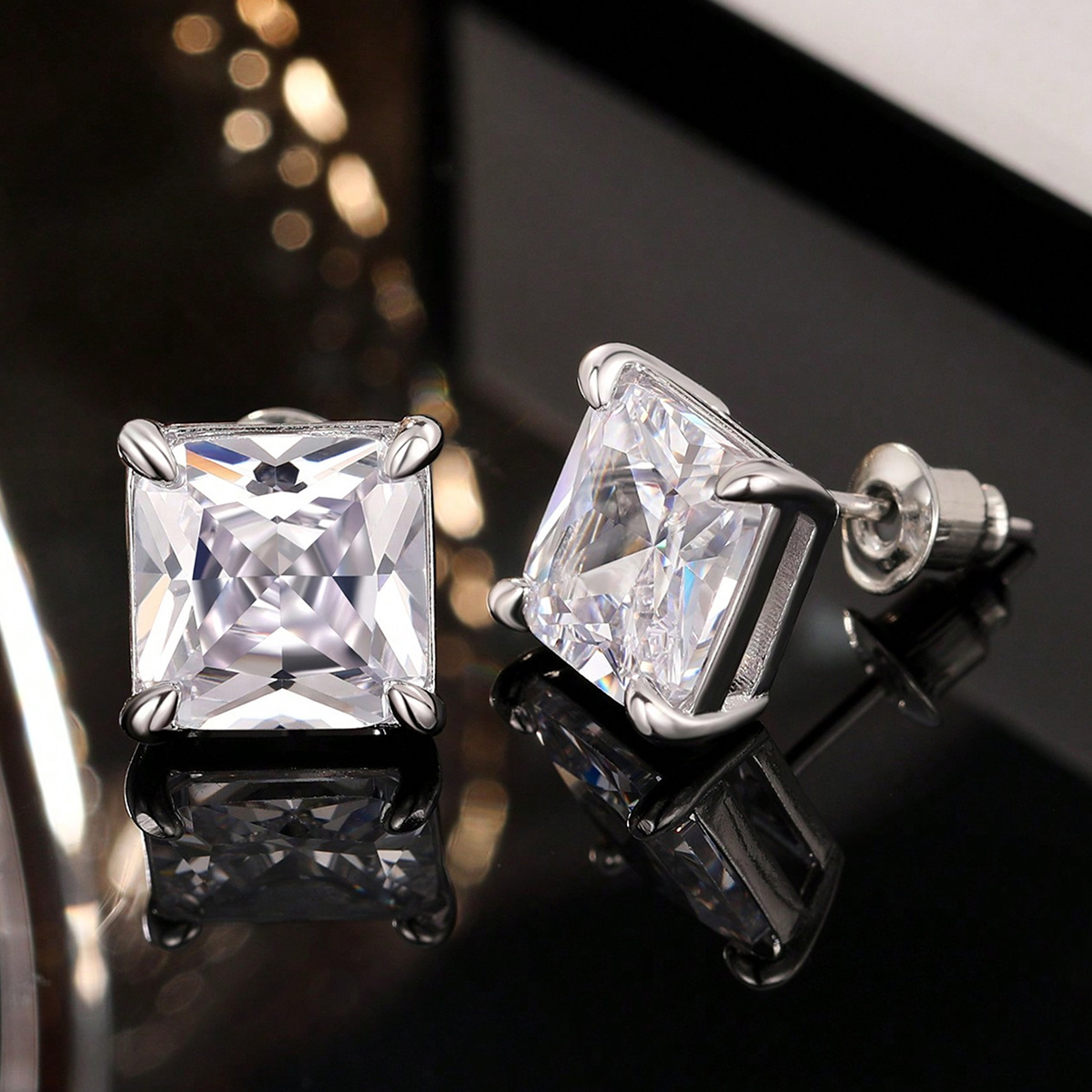 Square Stud Earrings For Women With Claw Setting, White K Plated Copper, Water Plating, And Zircon Inlay 3