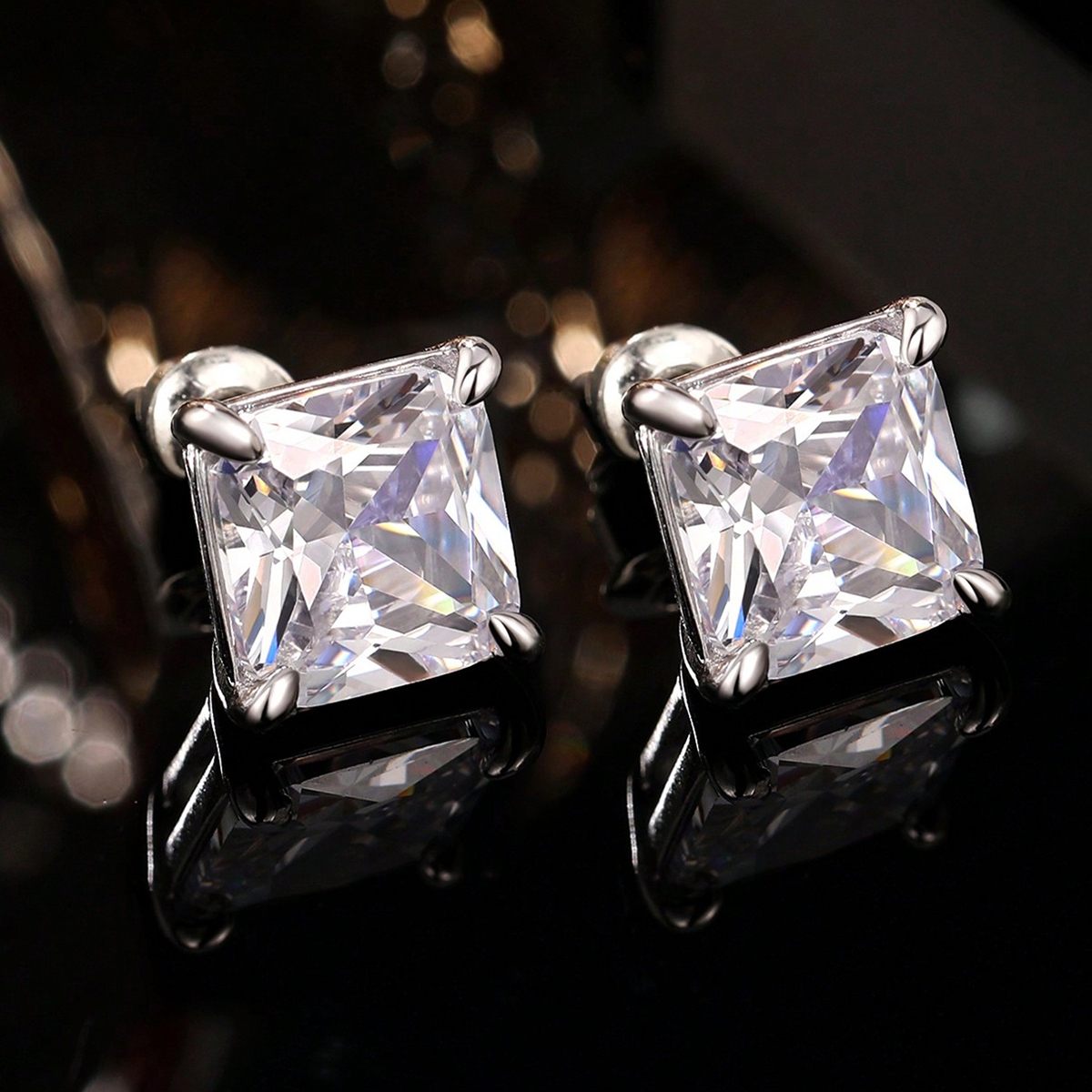 Square Stud Earrings For Women With Claw Setting, White K Plated Copper, Water Plating, And Zircon Inlay 4