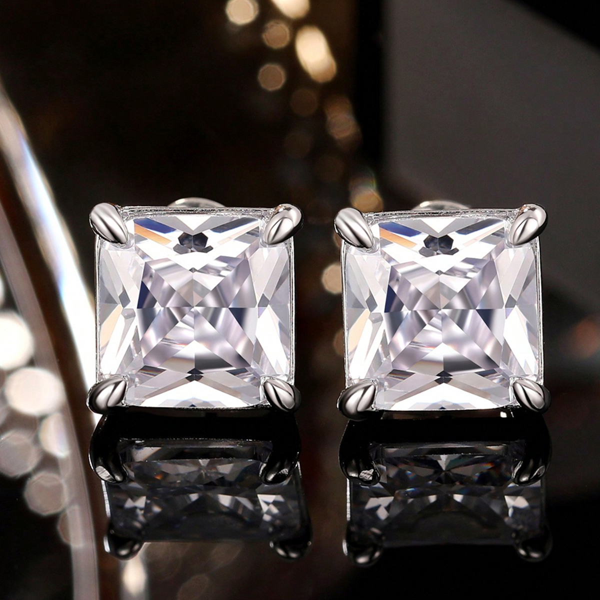 Square Stud Earrings For Women With Claw Setting, White K Plated Copper, Water Plating, And Zircon Inlay 6