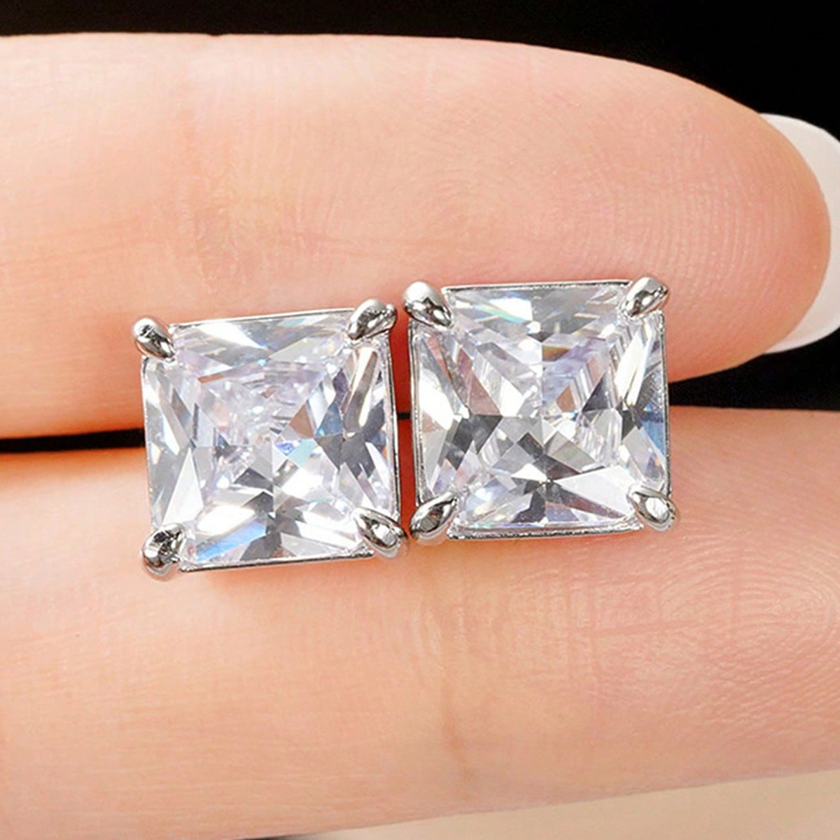 Square Stud Earrings For Women With Claw Setting, White K Plated Copper, Water Plating, And Zircon Inlay 7