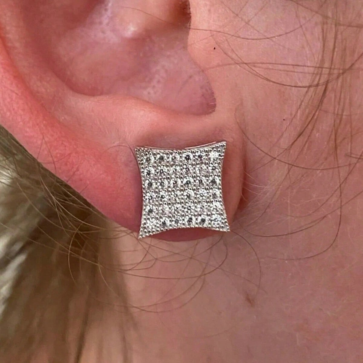 Square Stud Earrings For Women With Claw Setting, Copper Base, White K Water Plated, Featuring Zircon Inlay