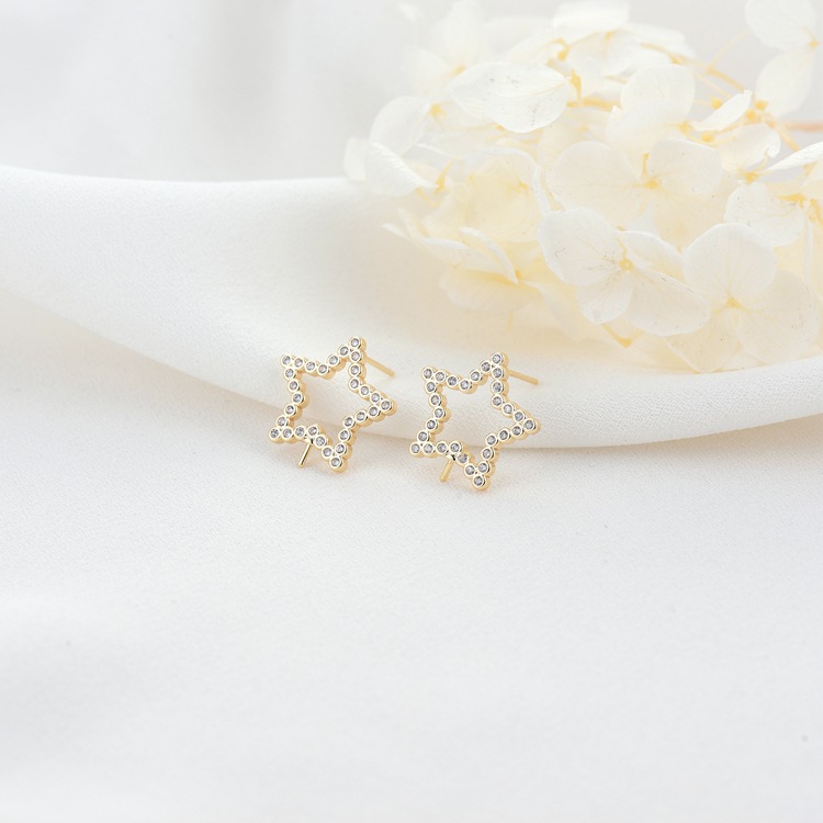 Star Stud Earrings With Bezel Setting, 14K Real Gold Plated Copper Featuring Zircon Inlay And 925 Sterling Silver Ear Pins