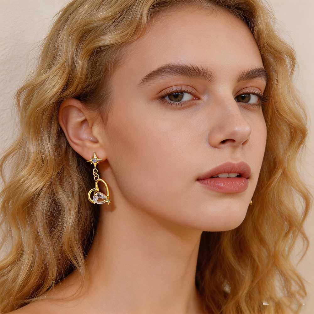 Star Stud Earrings For Women With Bezel Setting, 16K Real Gold Plated Copper Featuring Zircon Inlay, Electroplated Finish