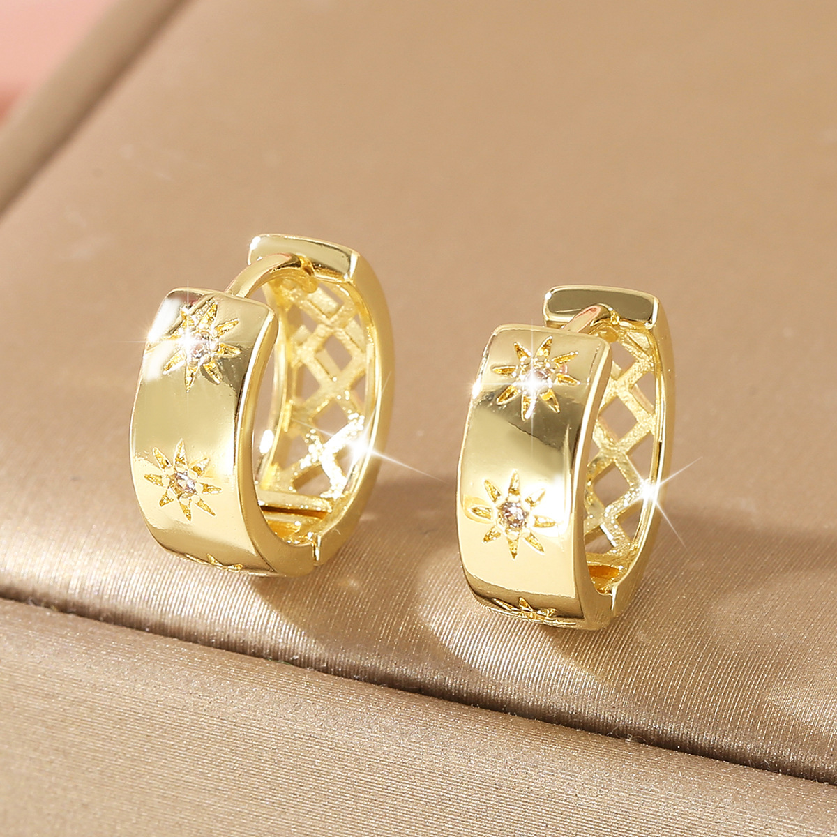 Starburst Hoop Earrings For Women In Golden Color, Copper Material With Electroplated Gold Plating And Zircon Inlay