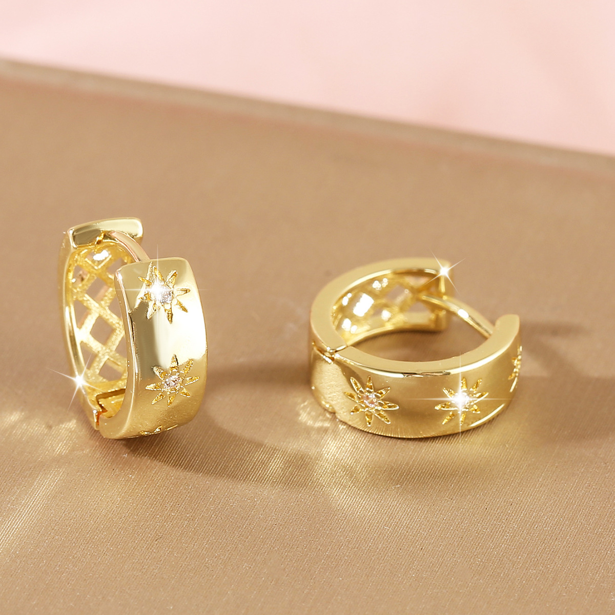 Starburst Hoop Earrings For Women In Golden Color, Copper Material With Electroplated Gold Plating And Zircon Inlay 3