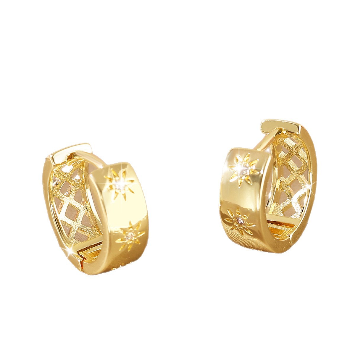 Starburst Hoop Earrings For Women In Golden Color, Copper Material With Electroplated Gold Plating And Zircon Inlay 5