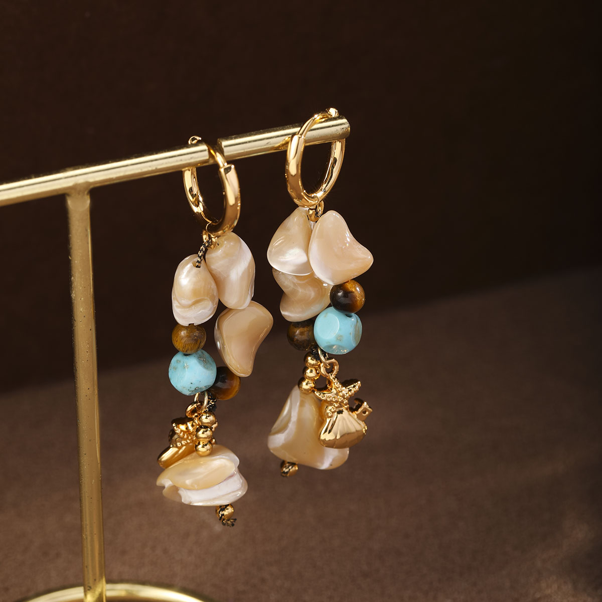 Starfish Beaded Earrings For Women In Copper With 18K Real Gold Electroplated Finish And Natural Stone Inlay
