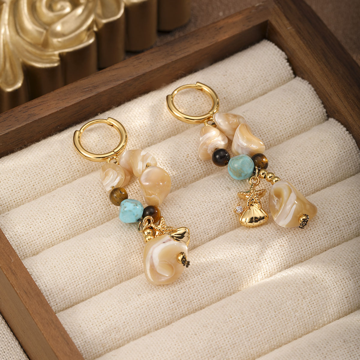 Starfish Beaded Earrings For Women In Copper With 18K Real Gold Electroplated Finish And Natural Stone Inlay 2