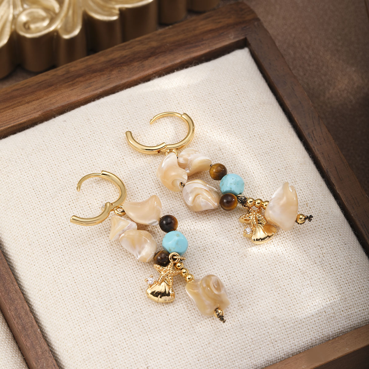 Starfish Beaded Earrings For Women In Copper With 18K Real Gold Electroplated Finish And Natural Stone Inlay 3