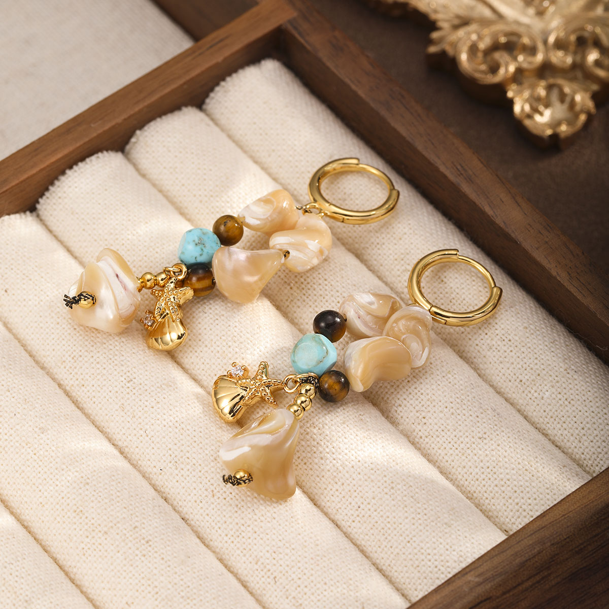 Starfish Beaded Earrings For Women In Copper With 18K Real Gold Electroplated Finish And Natural Stone Inlay 4