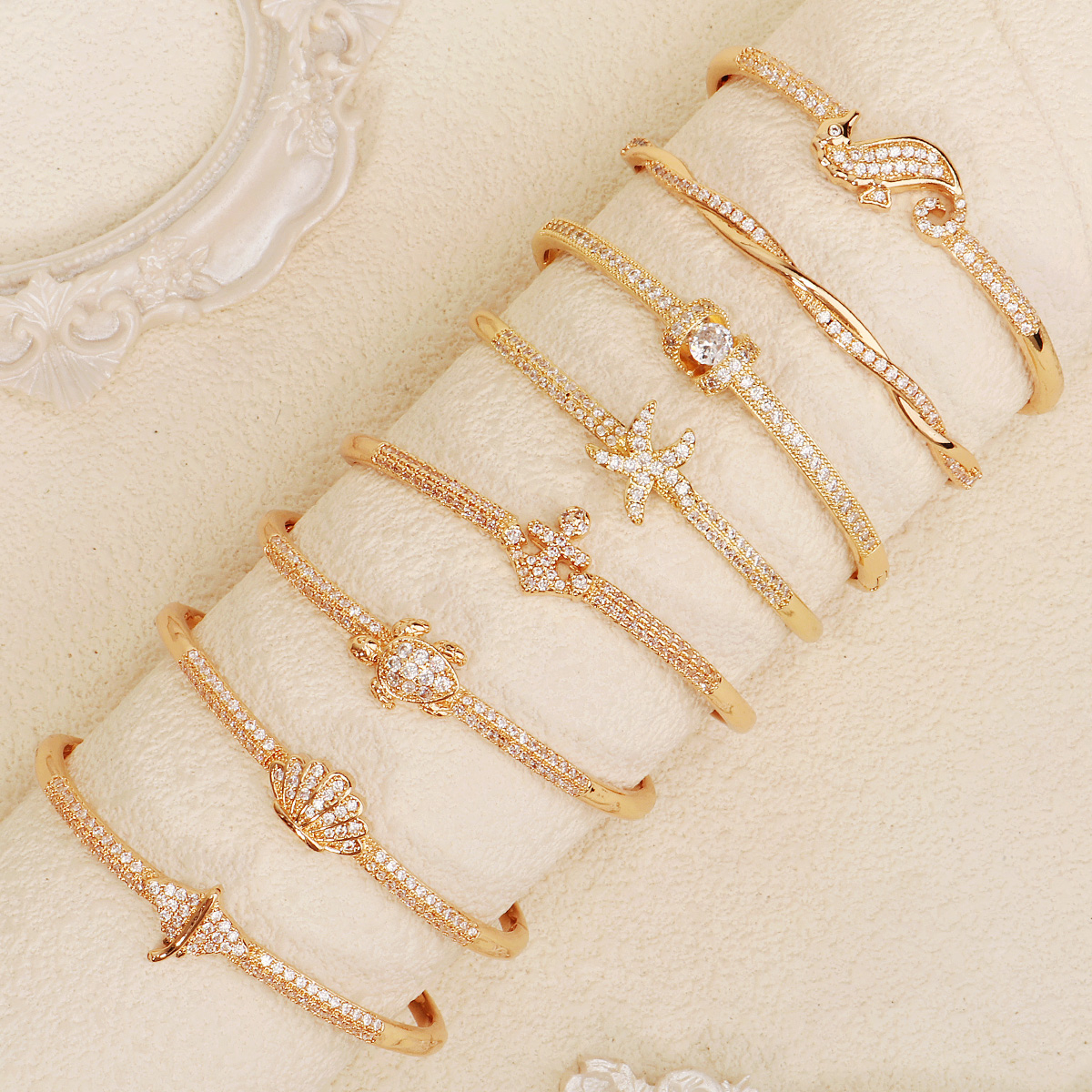 Starfish Shell Copper Embedded Zircon Open Hand Bracelet Women High End Non Fading Beach Party Jewelry
