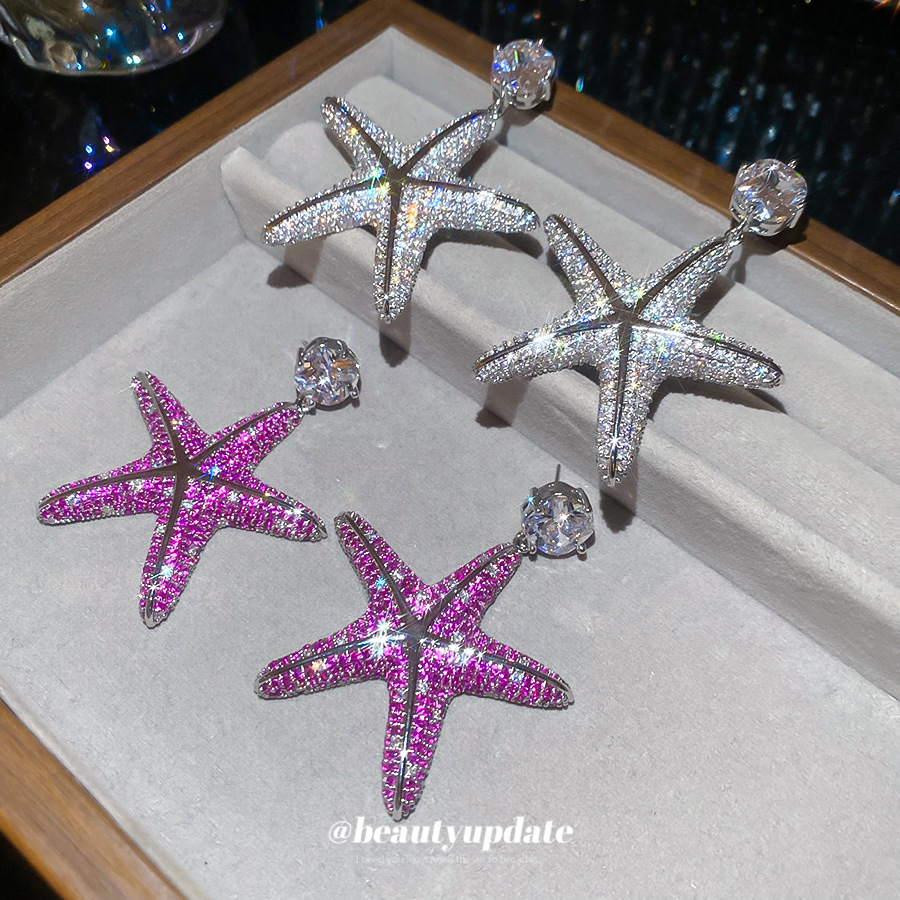 Starfish Silver Stud Earrings For Women With Copper Base And Zircon Inlay, Featuring SUS304 Stainless Steel Posts 2