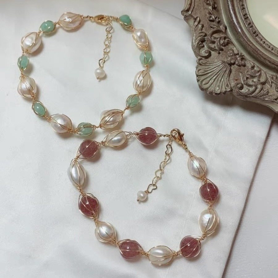 Strawberry Natural Pink Freshwater Pearl Bracelet For Women With Stretch Adjustable Bangle Design