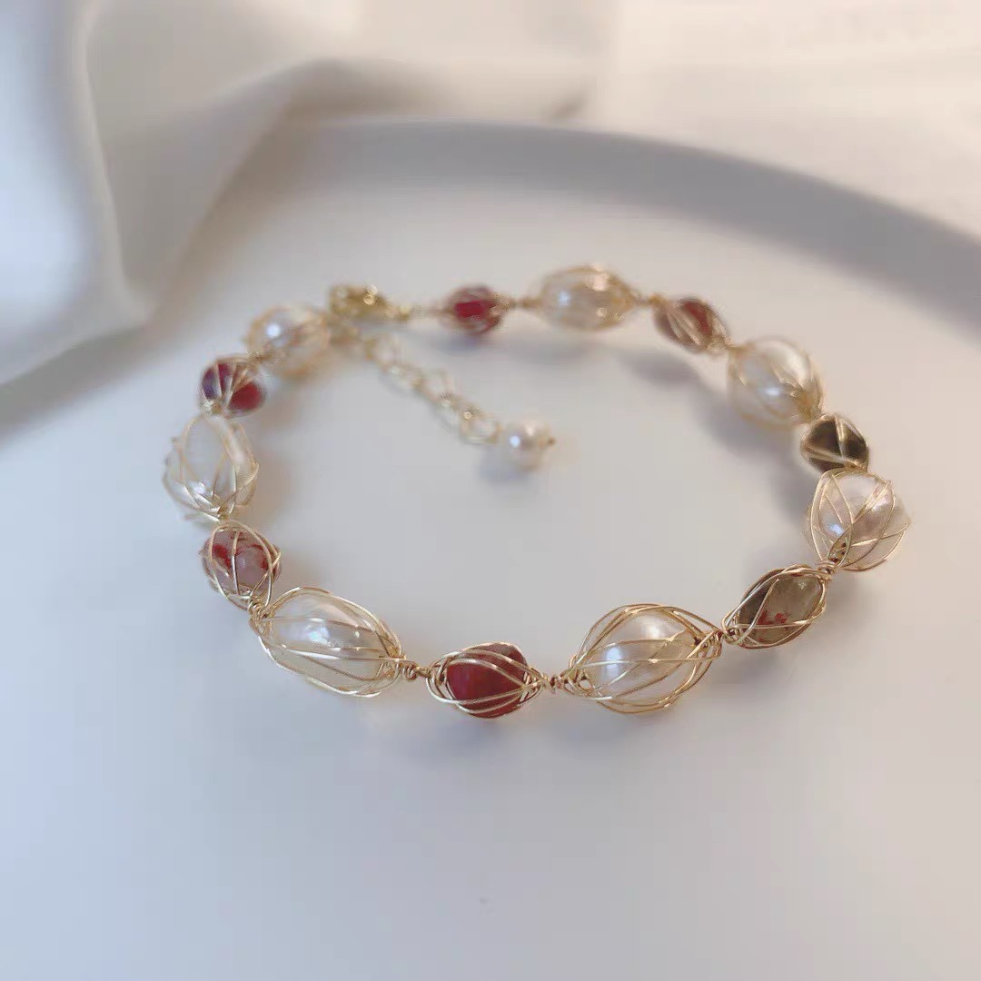 Strawberry Natural Pink Freshwater Pearl Bracelet For Women With Stretch Adjustable Bangle Design 4
