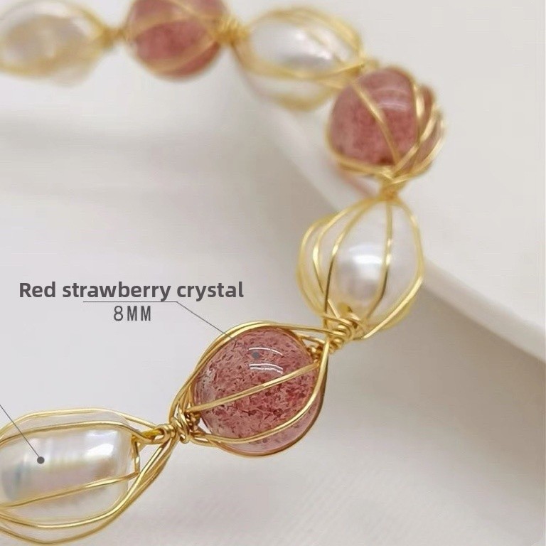 Strawberry Natural Pink Freshwater Pearl Bracelet For Women With Stretch Adjustable Bangle Design 5