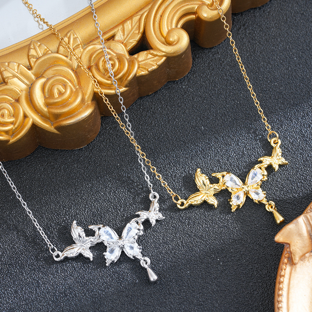 Sweet Butterfly Pendant Necklace For Women In 18K Real Gold Plated With Zircon Inlay And Cable Chain