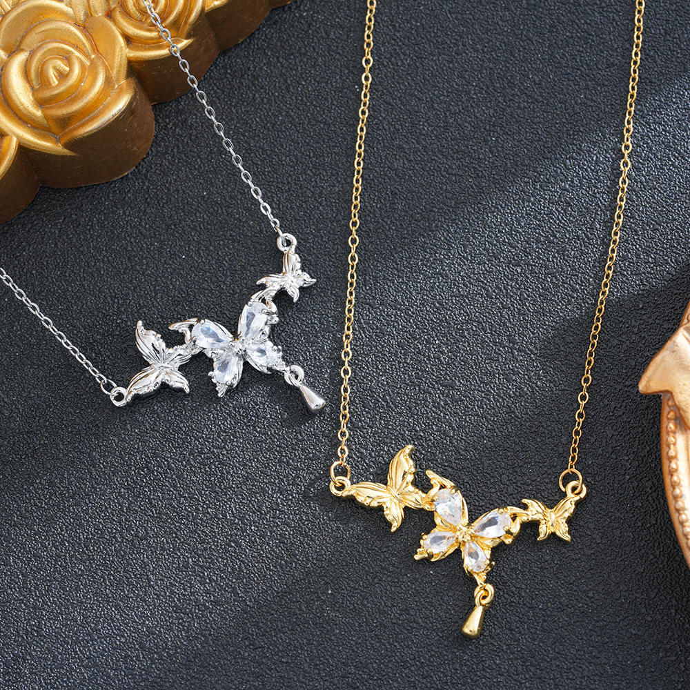 Sweet Butterfly Pendant Necklace For Women In 18K Real Gold Plated With Zircon Inlay And Cable Chain 2