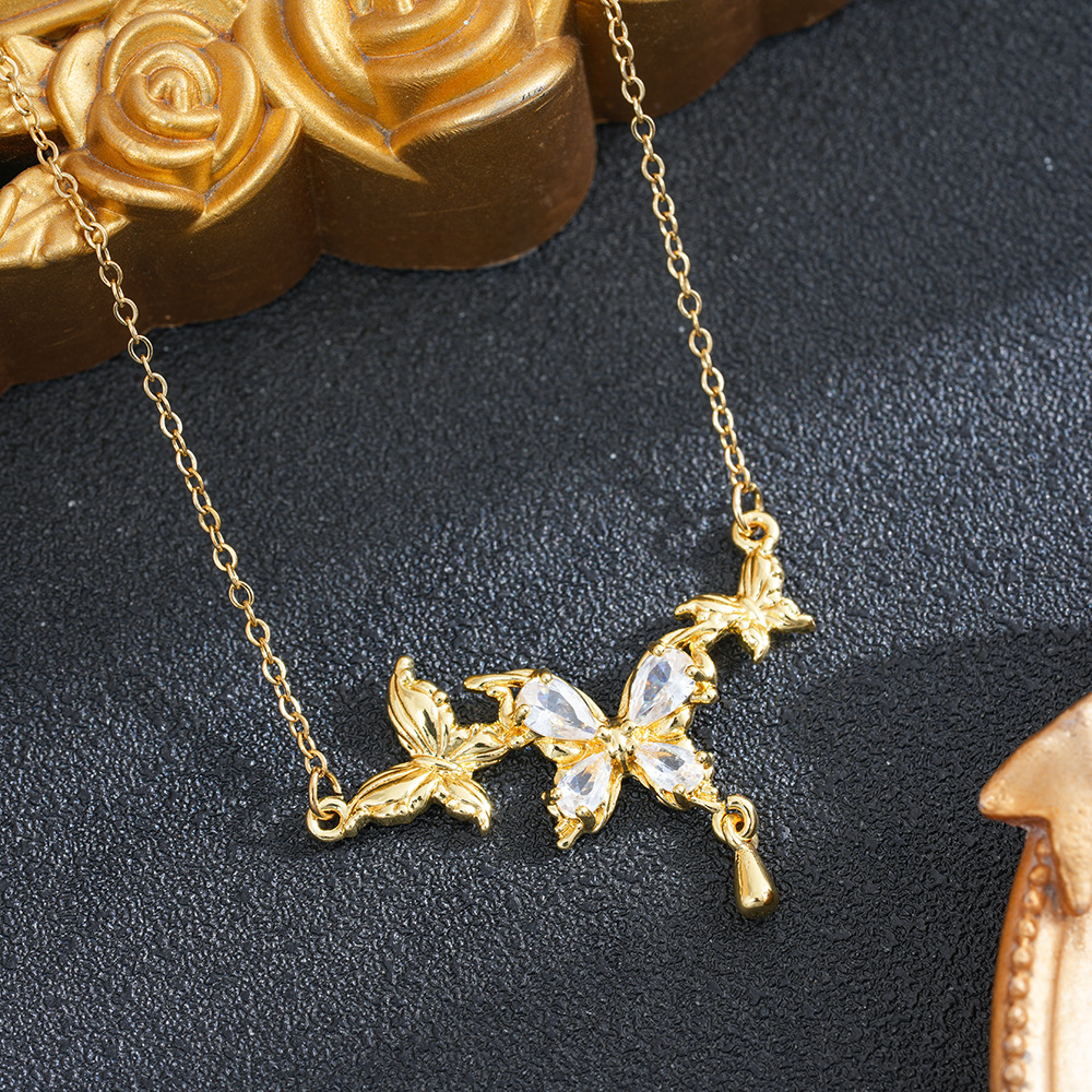 Sweet Butterfly Pendant Necklace For Women In 18K Real Gold Plated With Zircon Inlay And Cable Chain 3