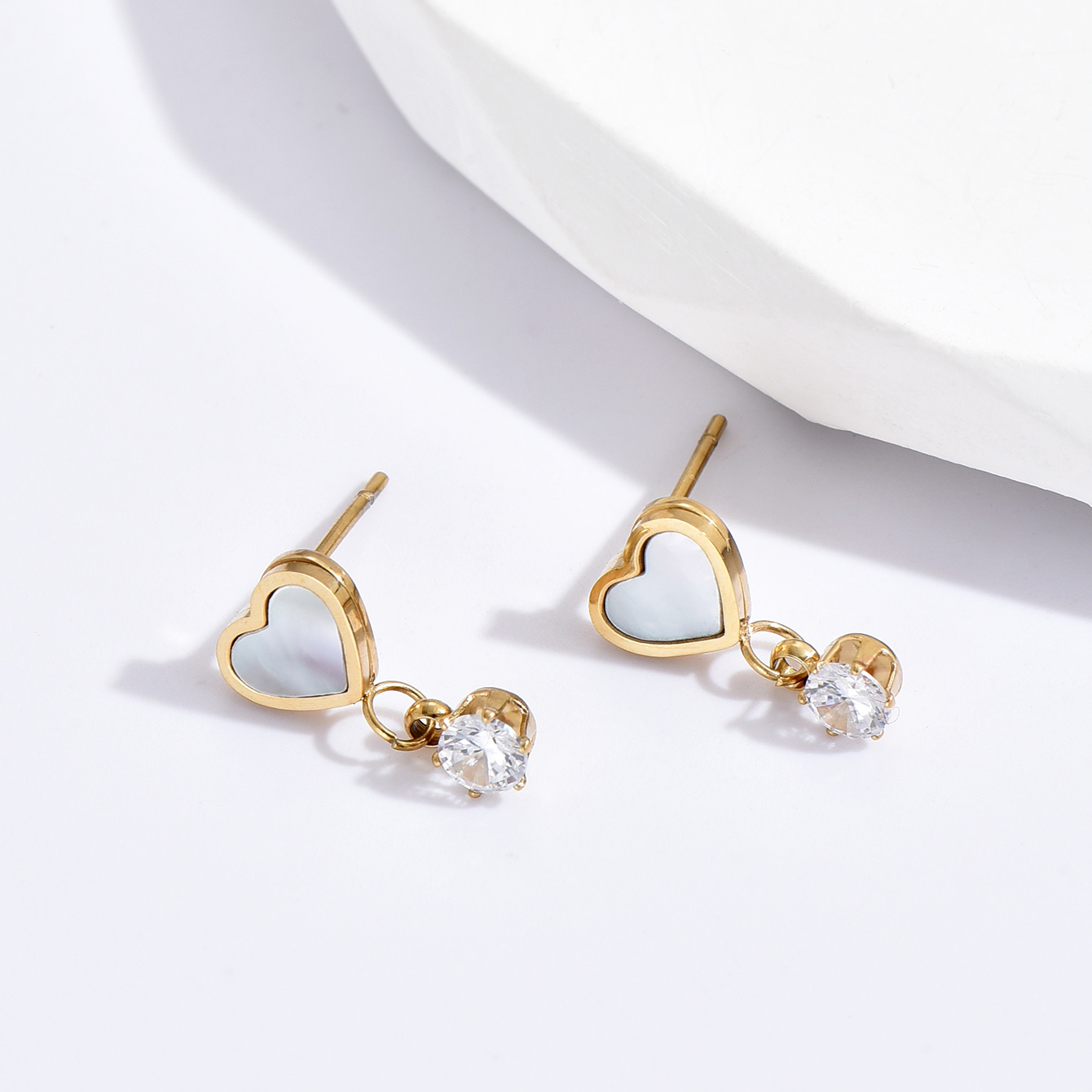 Heart Shape Waterproof Non Tarnish Earrings For Women, 304 Stainless Steel With Real Gold Plated PVD Coating And Shell Inlay