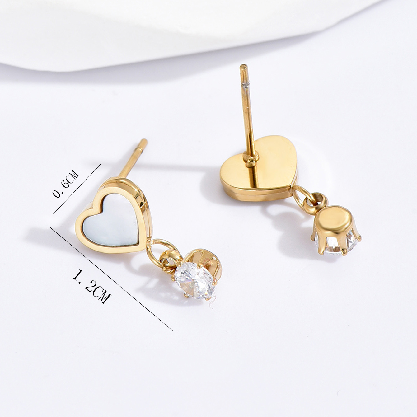 Heart Shape Waterproof Non Tarnish Earrings For Women, 304 Stainless Steel With Real Gold Plated PVD Coating And Shell Inlay 3
