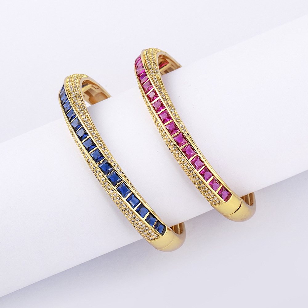 T Shape Copper Bangle With Inlay May Birthstone Emerald, 18K Real Gold Plated, Unisex Jewelry