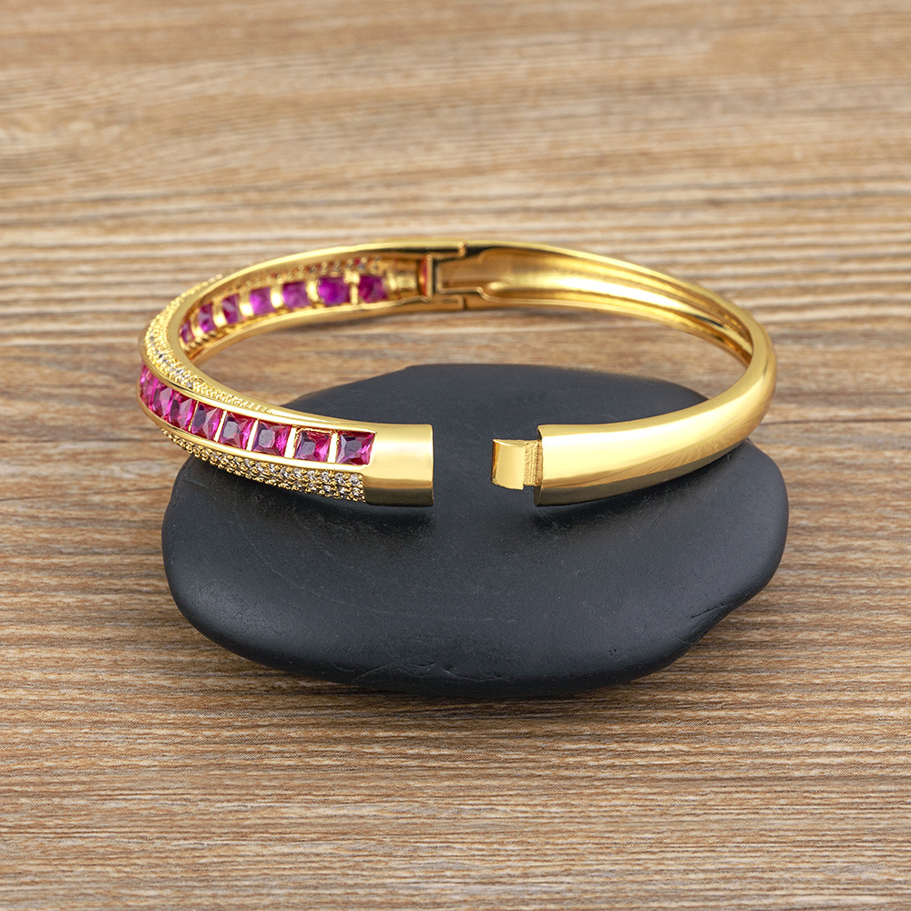 T Shape Copper Bangle With Inlay May Birthstone Emerald, 18K Real Gold Plated, Unisex Jewelry 3