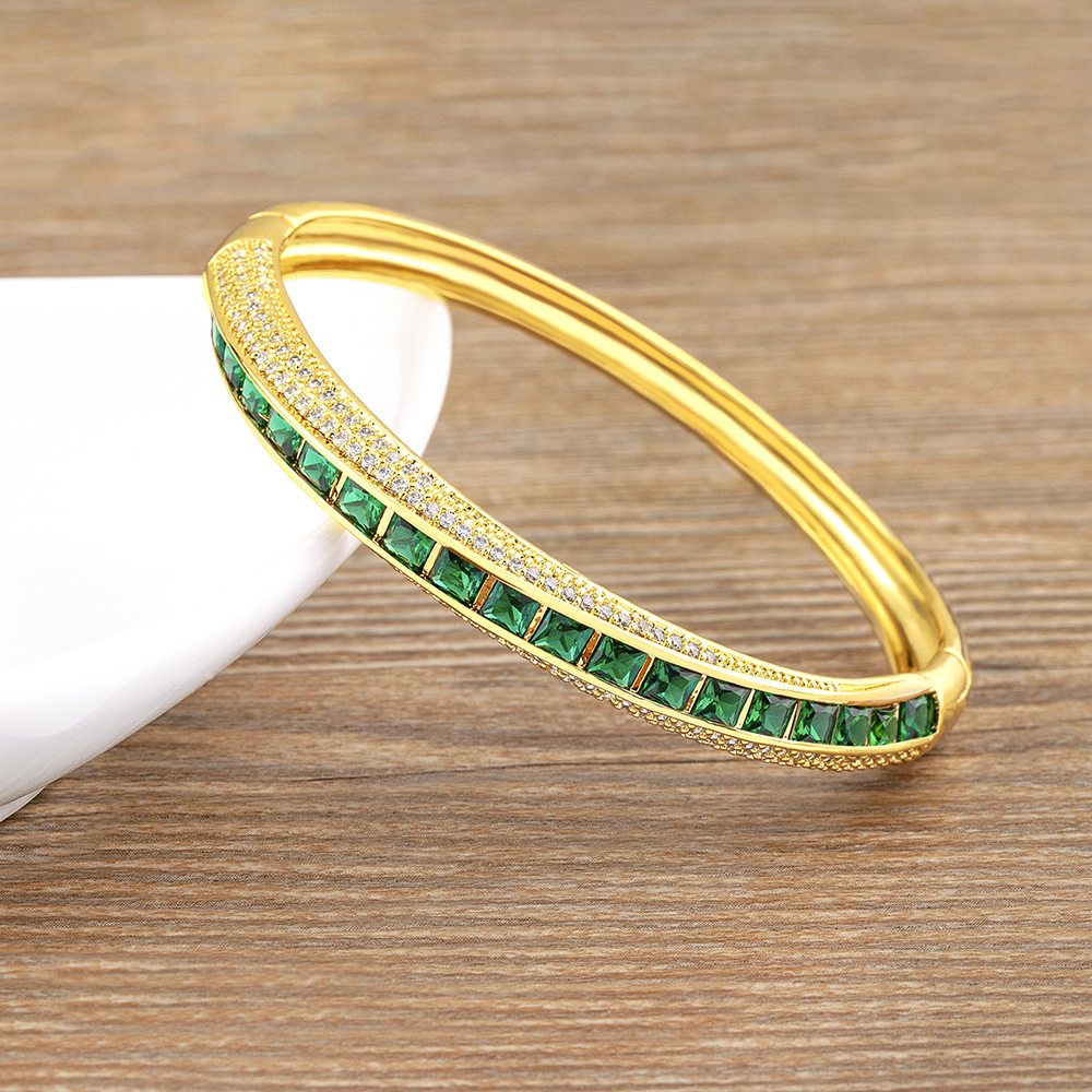 T Shape Copper Bangle With Inlay May Birthstone Emerald, 18K Real Gold Plated, Unisex Jewelry 4