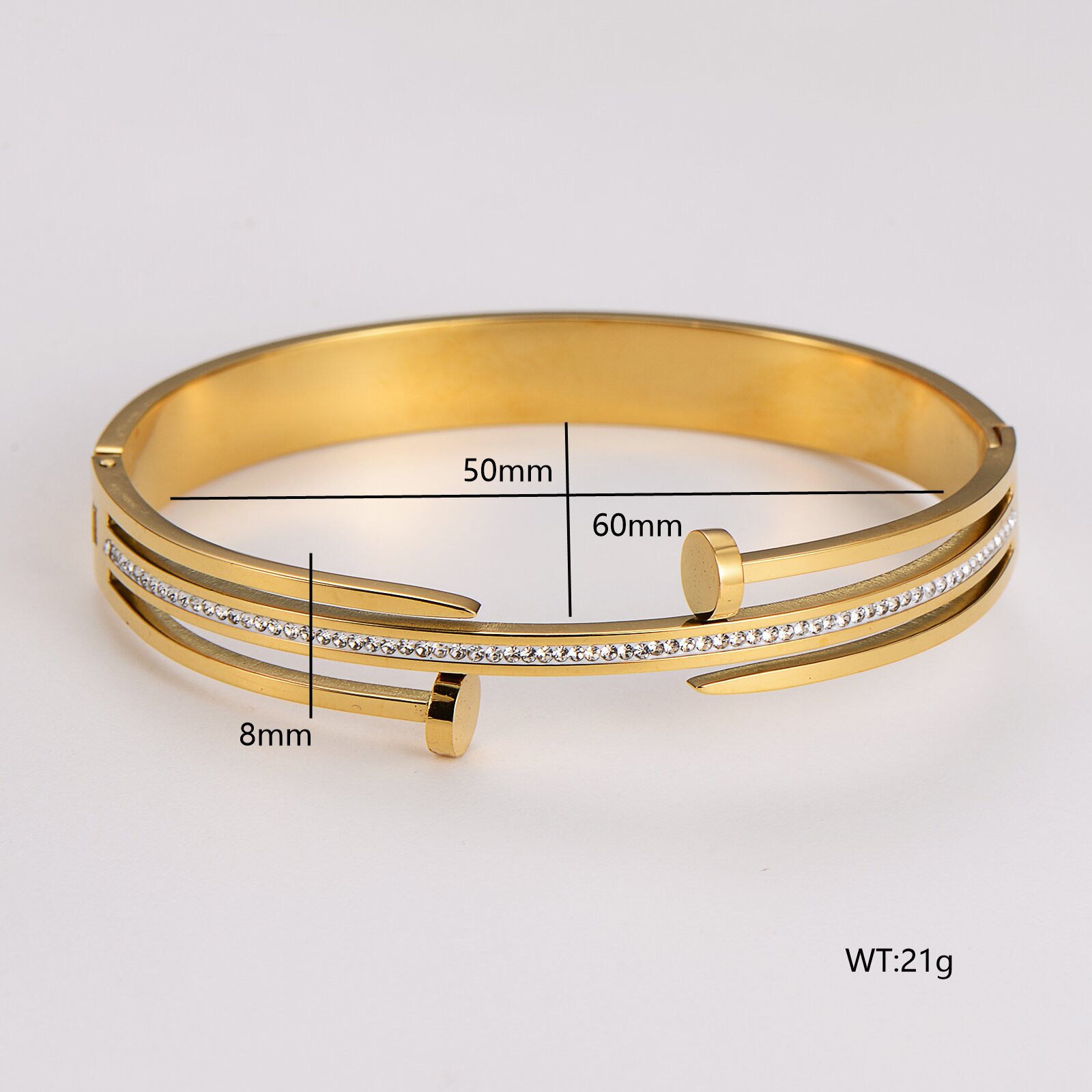 Electroplated T Shape Bangle For Women In 304 Stainless Steel With 18K Gold PVD Coating And Rhinestones Inlay 2