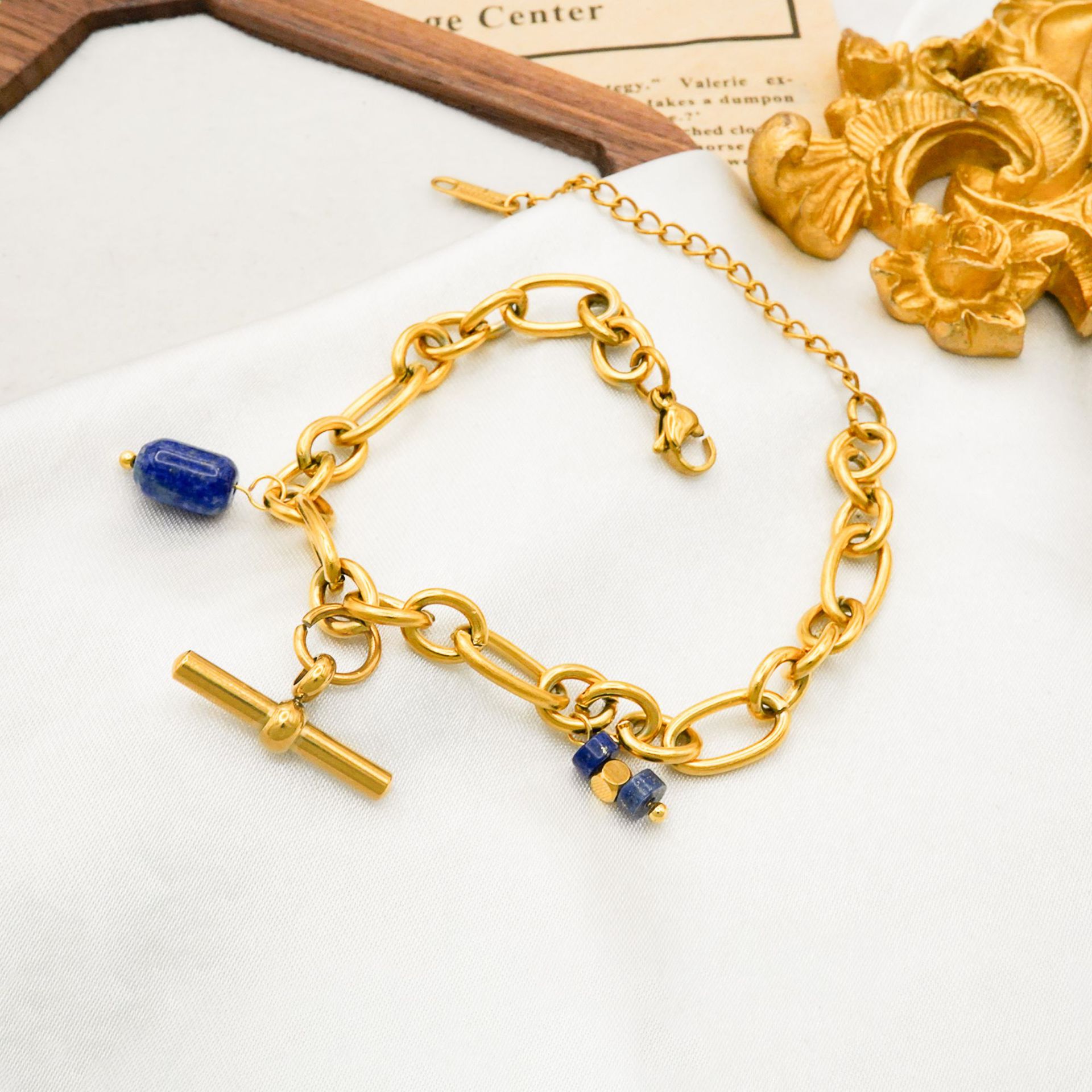 T Shape Bracelet In 304 Stainless Steel With 18K Real Gold Plated Finish Featuring Natural Stone Pendant, Unisex Design
