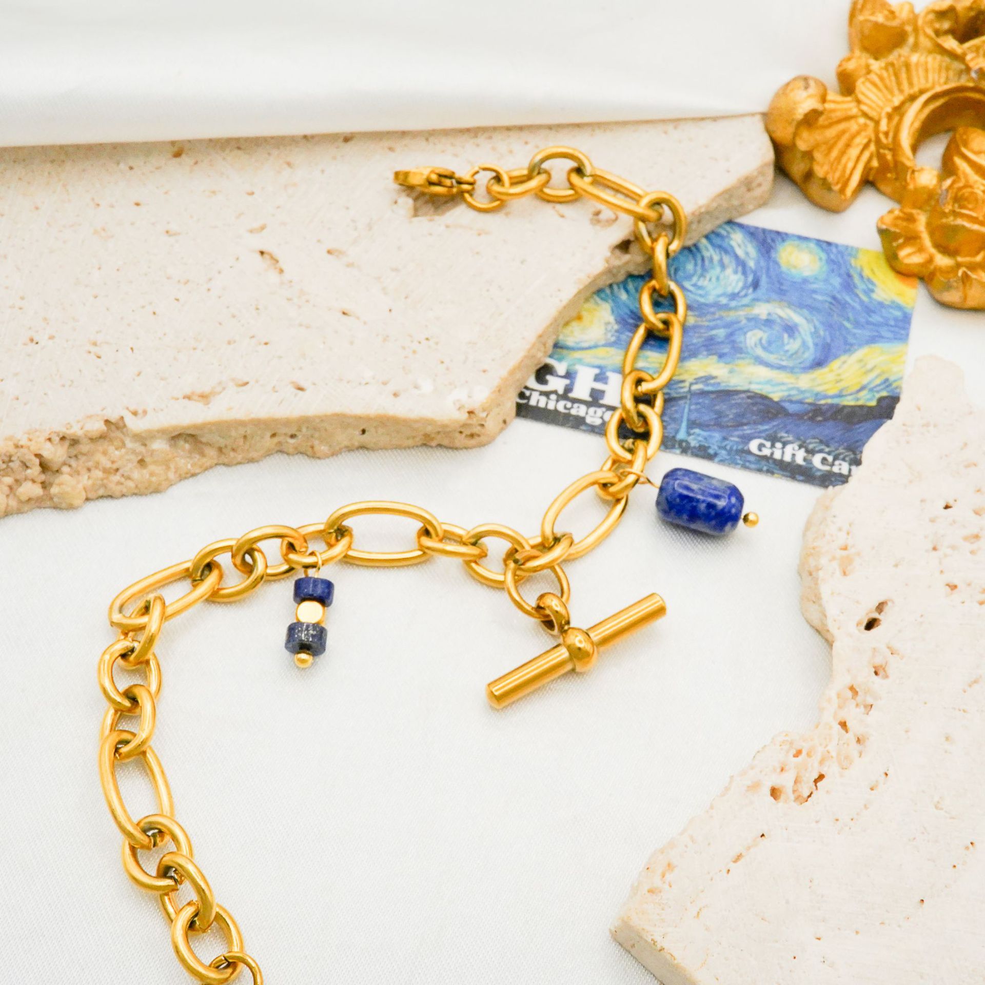 T Shape Bracelet In 304 Stainless Steel With 18K Real Gold Plated Finish Featuring Natural Stone Pendant, Unisex Design 2
