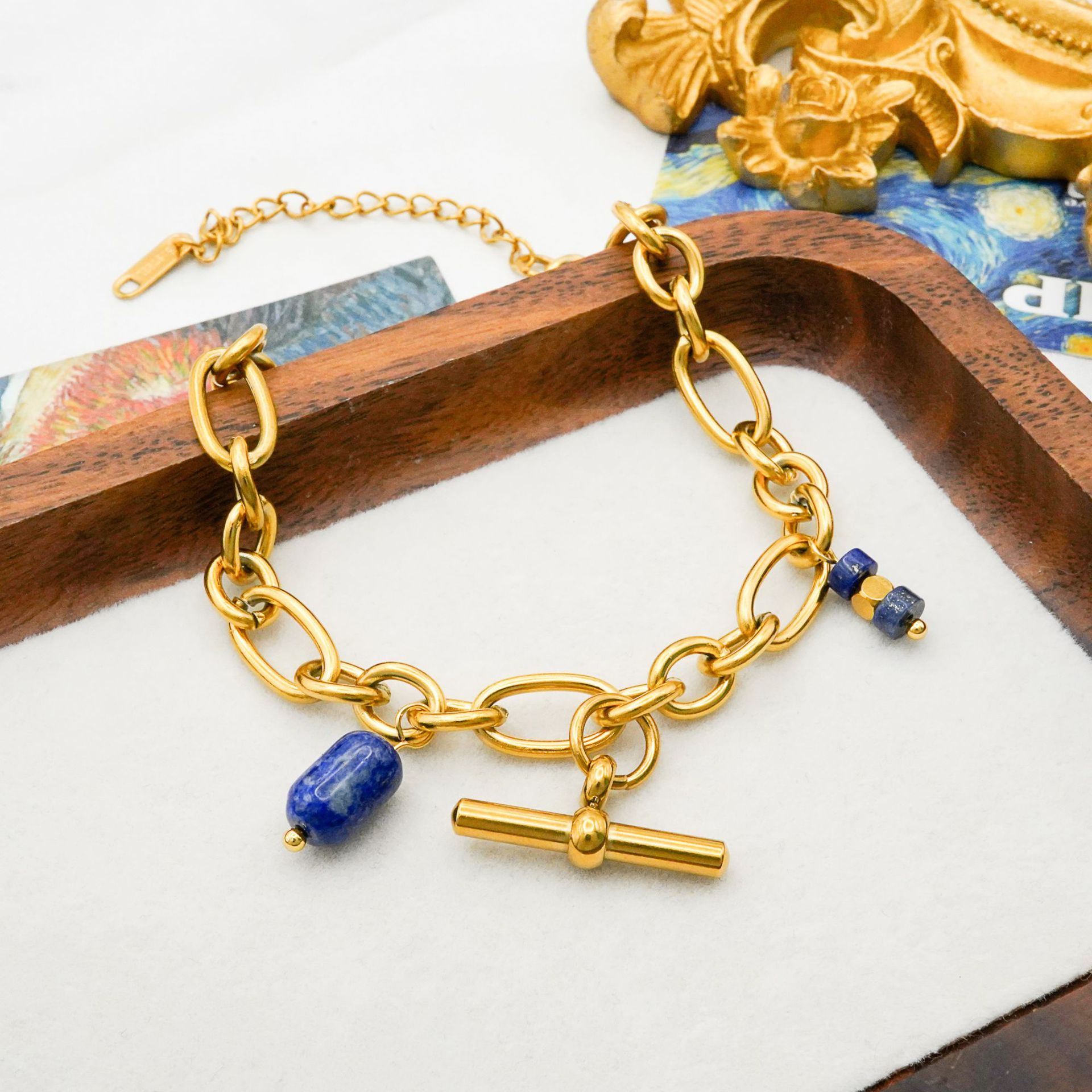 T Shape Bracelet In 304 Stainless Steel With 18K Real Gold Plated Finish Featuring Natural Stone Pendant, Unisex Design 3